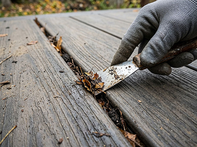 Start by clearing the gaps between the boards